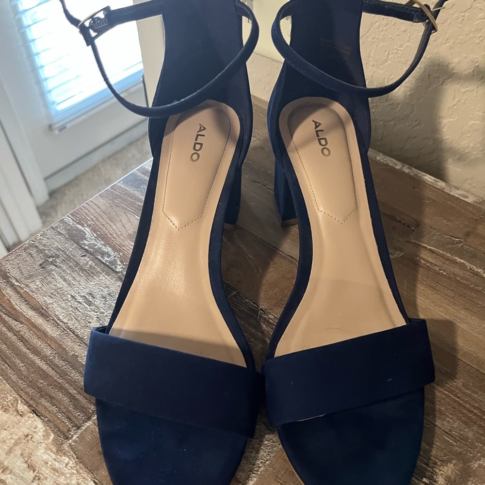 ALDO, Navy low, ankle strap heels, worn once. Size 8